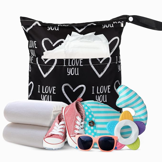 Frienda 4 Pieces Wet Dry Bag for Baby Waterproof Reusable Washable Diaper Bag Sealed with Handle for Travel, Beach, Swimsuit, Diapers, Dirty Gym Clothes and Toiletries (Heart)