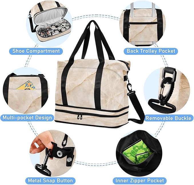 Travel Duffel Bags for Women Beige Marble Print Sports Duffel Bags Gym Bags with Shoes Compartment Tote Bag Weekender Bag for Travelling