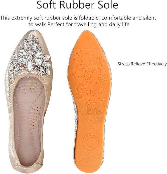 KUNWFNIX Women Ballet Flats Rhinestone Wedding Ballerina Shoes Foldable Sparkly Comfort Slip on Flat Shoes