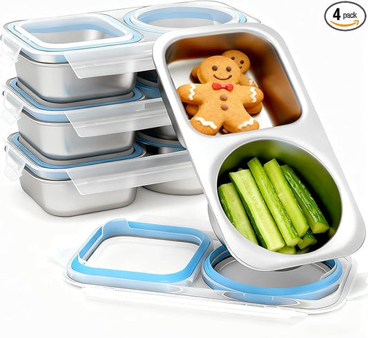 4 Pack Stainless Steel Snack Containers For Kids Adults, 2 Compartment Reusable Metal Snack Boxes With Leak-Proof Lids, Compact Lunch Food Storage Container