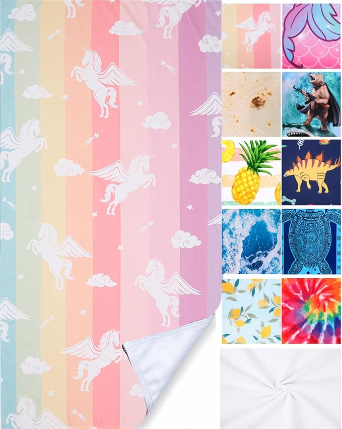 LIVILAN Pink Unicorn Rainbow Beach Towel, 24” x 48” for Kids, Girls, Women, Teens, Oversized, Soft Microfiber, Quick Dry, Sand Proof, Ideal for Travel, Pool, Picnic, Unique Unicorn Gifts