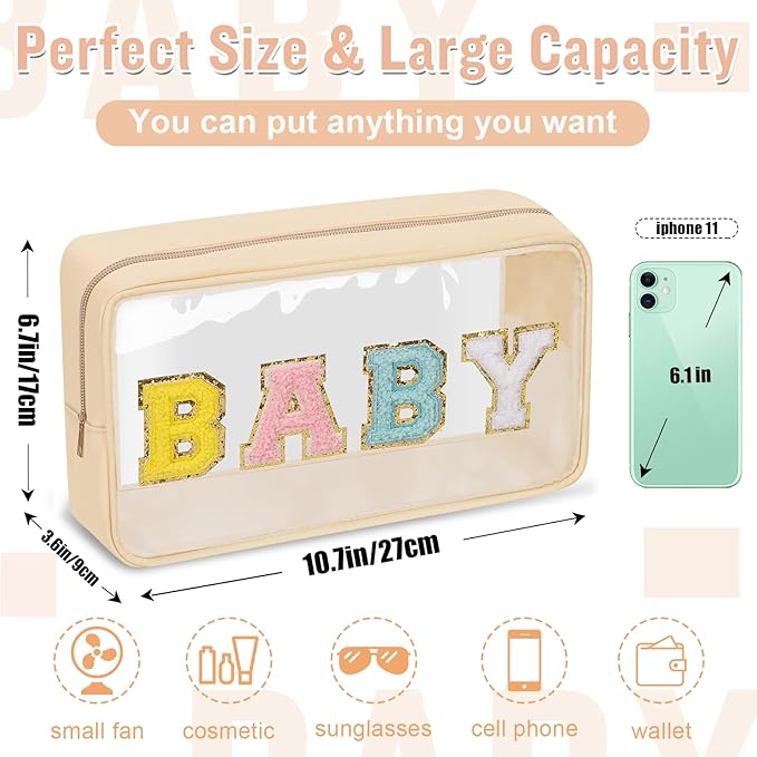 Chenille Letter Clear Makeup Bag with Zipper and Waterproof Nylon