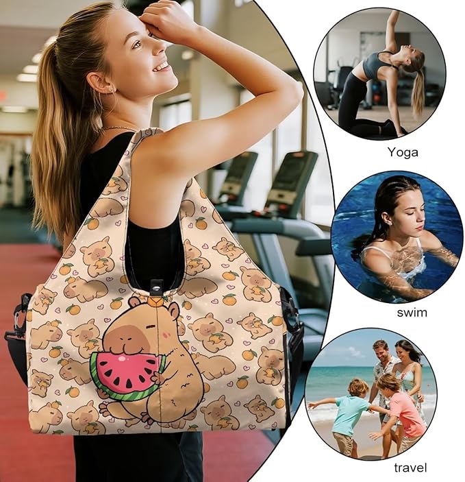 Capybara Watermelon Gym Duffel Bag for Women with Shoe Compartment and Yoga Mat Holder Cute Luggage Sports Travel Carry On Bag Overnight Duffel Bags Lightweight