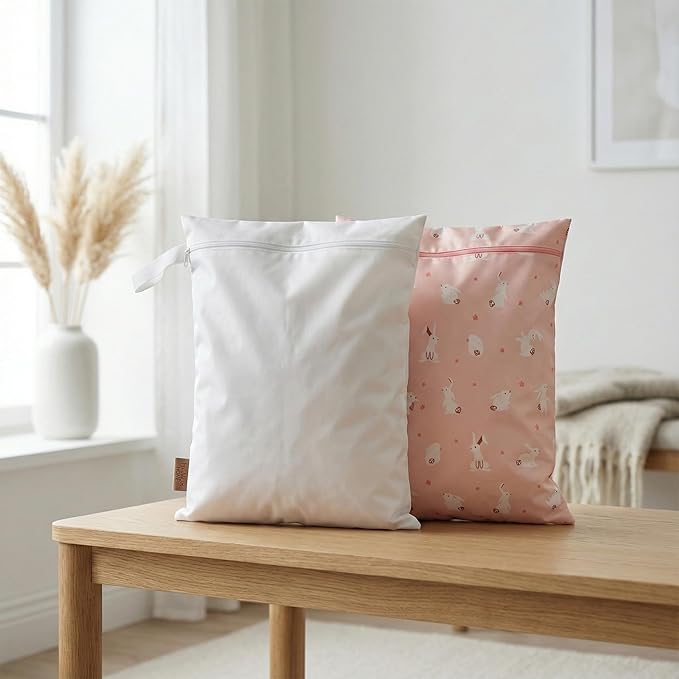 Hamur Wet Bag Set – 2 Pack Reusable Waterproof & Mess-Proof Bags (1 Large 12.6×14.6 in) | Washable at 40 °C, Lightweight Storage for Baby, Travel & Gym Essentials(Pastel-White)