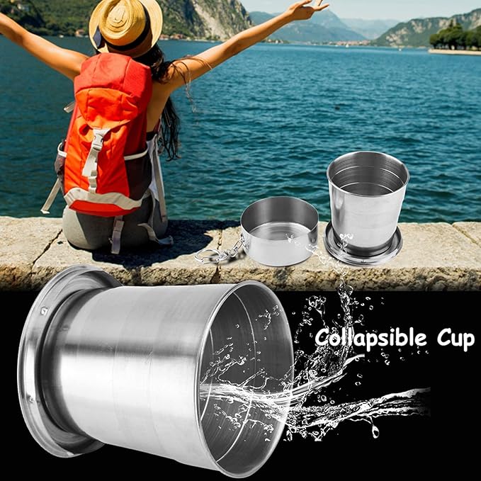 Stainless Steel Collapsible Cup, Folding Camping Cup Portable Shot Glass Foldable Drinking Cup Drinkware with Lid and Keychain for Outdoor Travel Picnic Fishing Hiking Cycling Water, 250ml