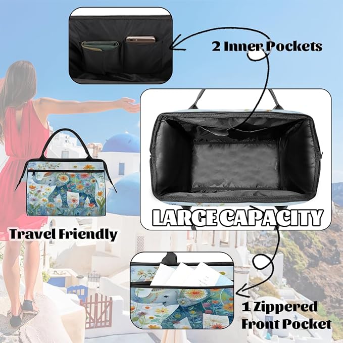Gym Bag for Women Men, Floral Elephant Art Sports Duffel Bags, Waterproof Travel Weekender Overnight Carry On Tote Bags for Travel Sports