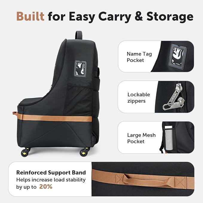 Car Seat Travel Bag for Airplane with Wheels, 4 Spinner Wheels, 900D Heavy Duty Padded Carseat Travel Bag, Ergonomic Backpack with Waist Support, Universal Fit for Convertible Infant Seats
