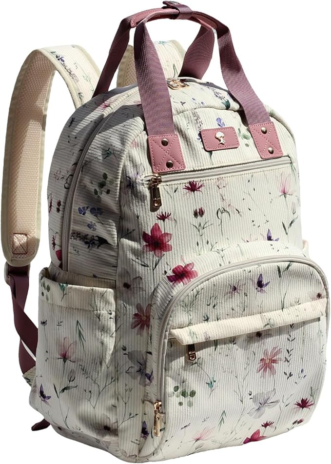 Diaper Bag Backpack, Large Capacity Multifunction Baby Essentials Fashion Travel Pack Linen Canvas office Laptop Bag (Corduroy Purple Flower)