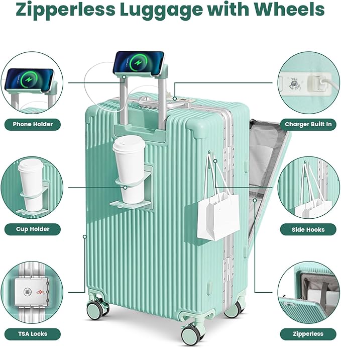 24-Inch Aluminum Frame Checked Luggage, Expandable Hard Shell Spinner Suitcase with Front-Open Pocket, USB Port, Phone Holder & Cup Holder for Men & Women Travel, Mint Green