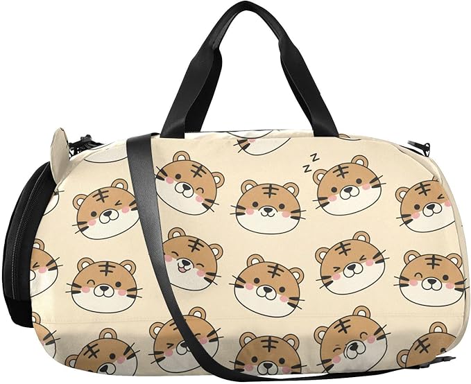Cartoon Tiger Print Kids Sports Duffle Bag for Boys Girls Toddler Weekender Overnight Bag with Shoe Compartment & Wet Pocket Kids Dance Bag for Gym Dance Sport Travel