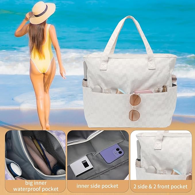 LEDAOU Beach Bag Waterproof Sandproof Women Beach Tote Pool Bag with Zipper for Swim Gym Grocery Travel with Wet Pocket | Sandproof, with Zipper, for Gym, Grocery, Travel, with Wet Pocket