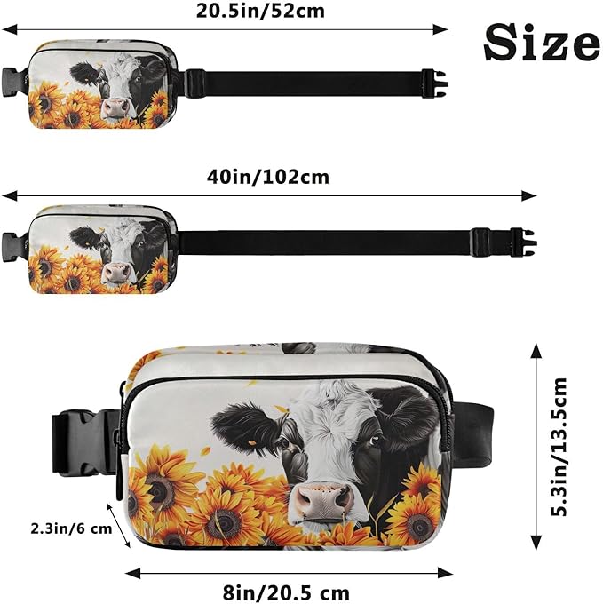 Kawaii Cow Sunflower Fanny Pack for Women Men Water Resistant Fashion Waist Packs with Adjustable Strap Belt Bag for Travel Workout Jogging Hiking 21220226