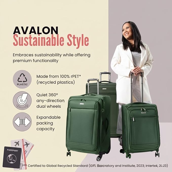 Ricardo Beverly Hills Avalon Softside 2-Piece Luggage Set Made with Sustainable 100% Recycled PET (rPET), Lightweight, Eco-Friendly Travel, Expandable, Dual Spinner Wheels, Juniper Green, (20" & 28")