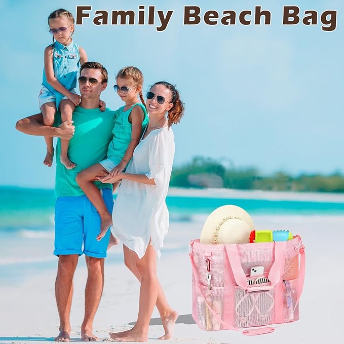 Mesh Beach Bag, Large Beach Tote with Zipper Pocket, Toys Pool Bag for Family Travel Vacation Cruise Essentials
