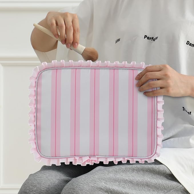 Stripe Ruffle Makeup Bag,Large Travel Cute Cosmetic Bag for Women Girls,Toiletry Bag Make up Organizer 11.8 x 4.7 x 9 inch (Pink Stripe)