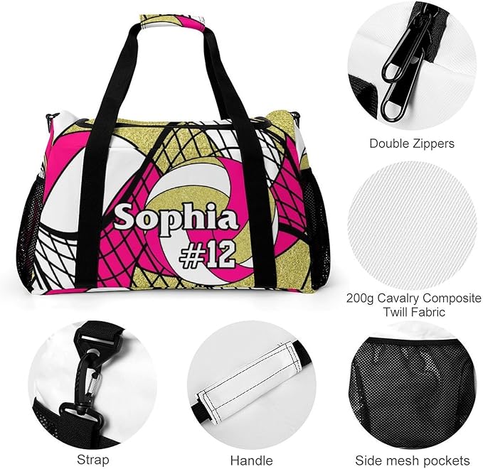Custom Volleyball Rose Red Gold Duffel Bag with Name Personalized Travel Bags Sport Gym Bag Carry On Weekender Bags for Men Women
