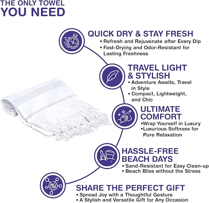 Turkish Beach Towels, Pack of 6 | Oversized, Quick Dry, Sand Free | 100% Cotton, Large 38x71 Towels for Beach, Pool, Travel | Ultra-Soft, Compact, and Absorbent | White