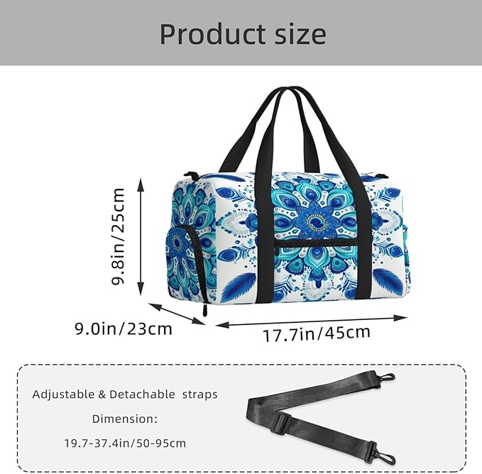 Sports Gym Bag Blue Turquoise Ethnic Mandala Travel Duffel Bag With Shoe Compartment Shoulder Strap, Lightweight Water-Resistant Weekend Overnight Totes For Women Men