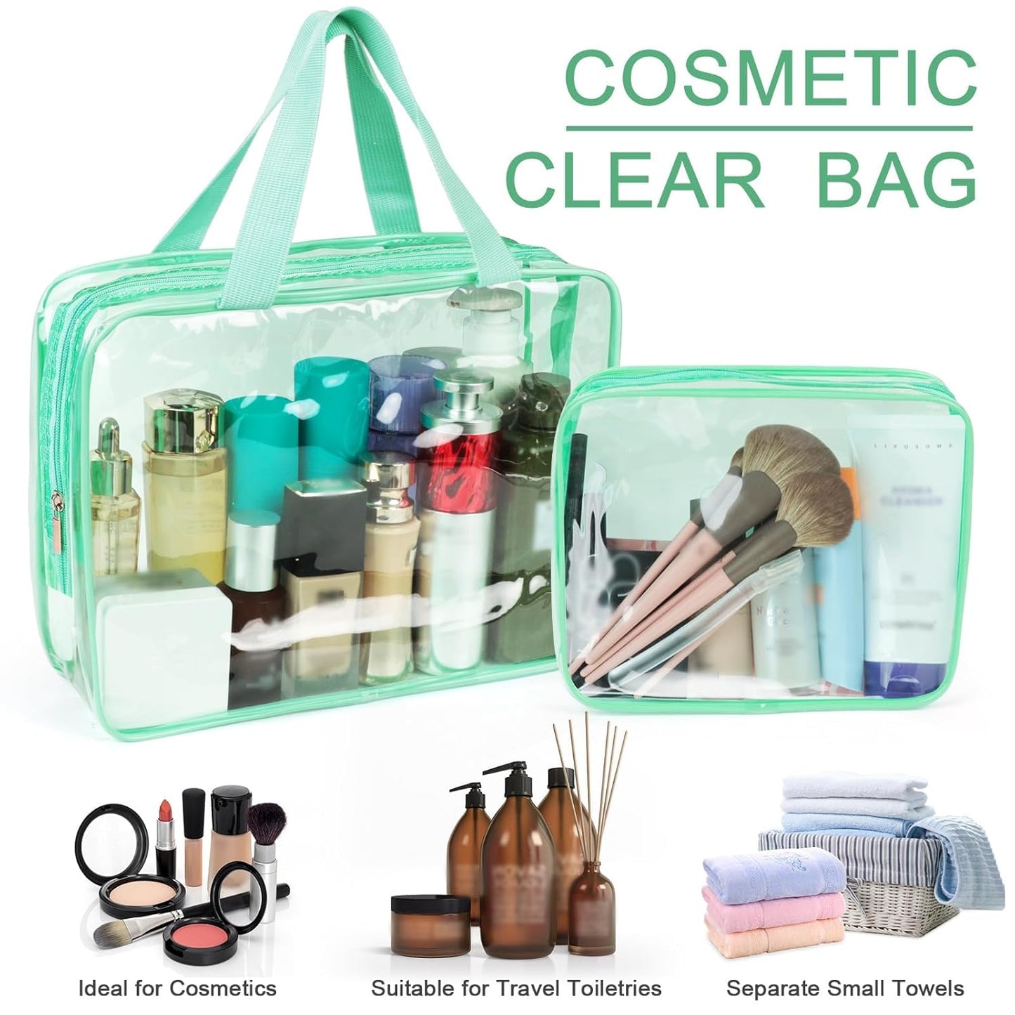 APREUTY Clear Makeup Bags, TSA Approved 6 Pcs Cosmetic Makeup Bags Set Clear PVC with Zipper Handle Portable Travel Luggage Pouch Airport Airline Vacation Organization (Mint Green)