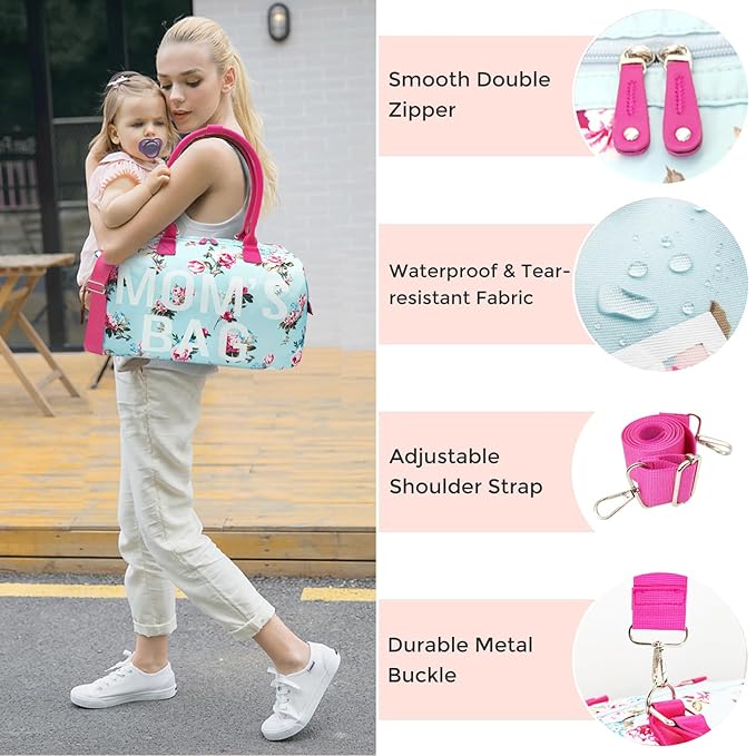 printe Mommy Diaper Bag Tote with 2 Organizers,Large Hospital Bag for Women Labor Delivery & Travel Baby Diaper Essentials Mom Weekender for Baby Care (Blue-Floral)