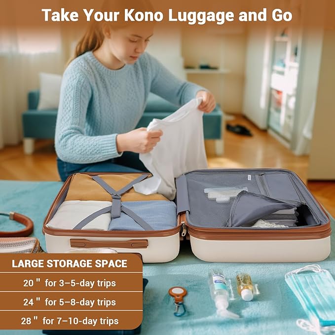 Kono Expandable 24 Inch Luggage with Spinner Wheels, Medium Checked Luggage with Lock, Lightweight & Anti-Scratch PC+ABS Hardshell Travel Suitcase, White/Brown