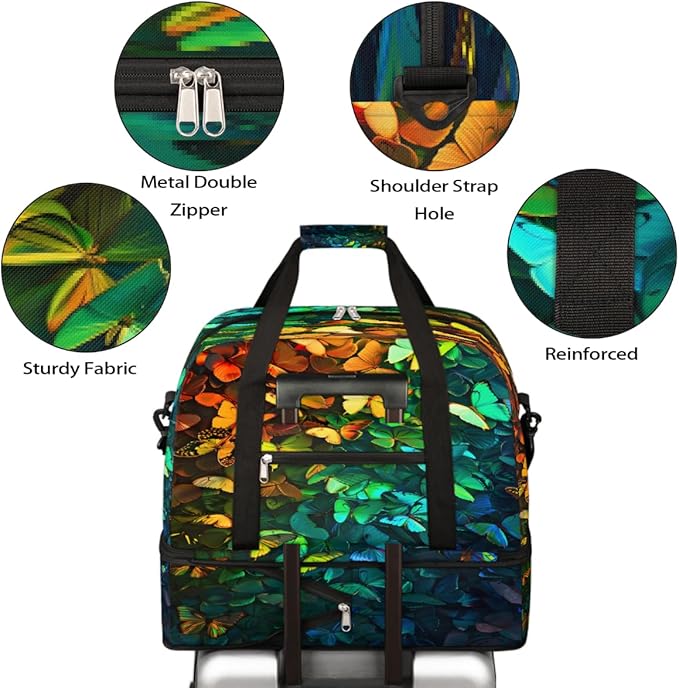 Rainbow Colorful Butterfly Large Weekender Bag with Shoe Compartment Travel Duffel Bags for Women Carry On Hospital Overnight Bag Foldable Personal Item Travel Bags Tote Gym Sports Airplanes