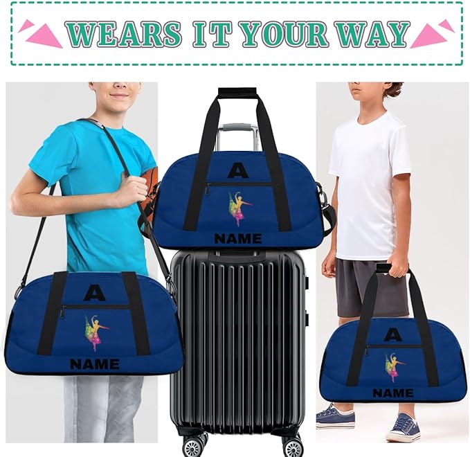 Personalize-Kids-Sports-Duffel-Bags With Custom Name Text Carry-On Overnight Travel Gym Lightweight Dance Pattern Sports Bags For Girls Boys Kids,Blue 3
