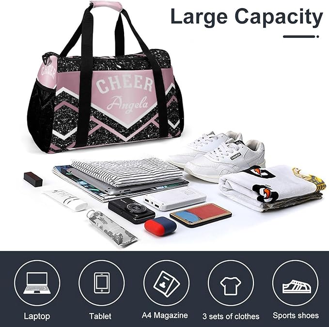 Personalized Name Sports Player Duffel Bags Pink Cheerleading Black Sparkle Print Travel Perform Training Casual Bag for Man Women Multifunctional Bags