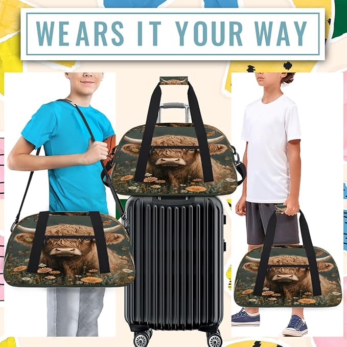 Travel Duffle Bag for travel duffle bag sports Girls Boys Kids Cow High Mountain Cattle Lightweight Overnight Sleepover Weekender Bags Small Dance Gym Sport Bag Teens Carry-On Size Workout Bag
