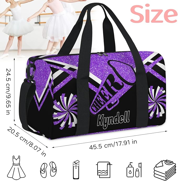 Custom Name Sports Cheer Duffel Bag for Teens, Personalized Gym Travel Weekender Tote Carry-On Bag, Purple Black Glitters Cheerleading