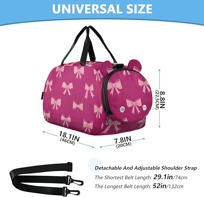 Bow Fuschia Pattern Kids Sports Duffle Bag for Boys Girls Toddler Weekender Overnight Bag with Shoe Compartment & Wet Pocket Kids Carry On Shoulder Bag for Gym Dance Sport Travel
