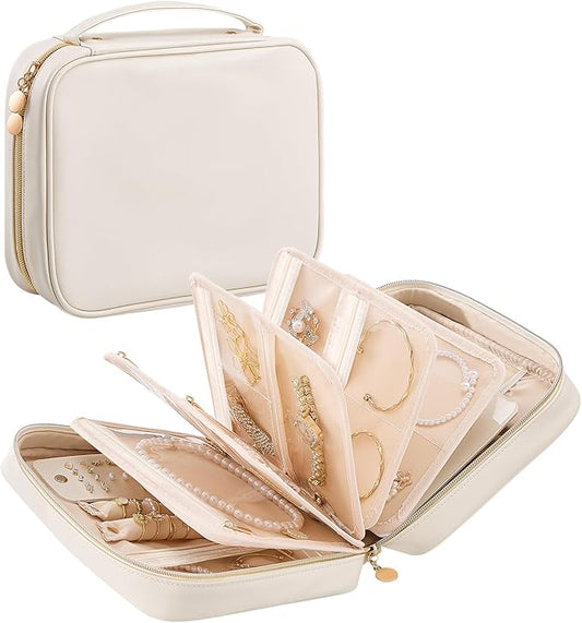 Lolalet Travel Jewelry Organizer Case, Large Jewelry Binder Book with Individual Pouches, Portable Leather Zippered Bag for Jewelry Storage of Earring, Ring & Necklace for Girls, Women -Beige