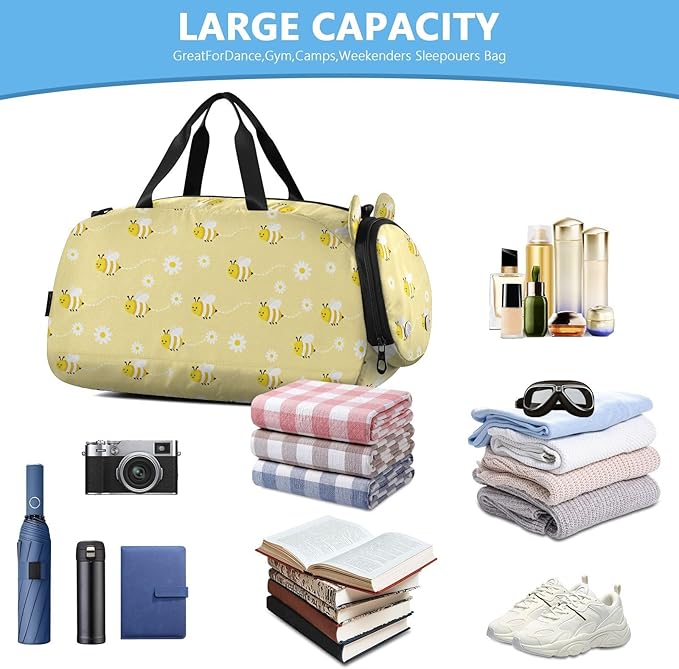 Bumble Bees Yellow Cute Gym Duffel Bag with Shoes Compartment Large Capacity Gymnastics Sports Bag for Travel, Swimming, Dance, Ballet bolsa de viaje para mujer