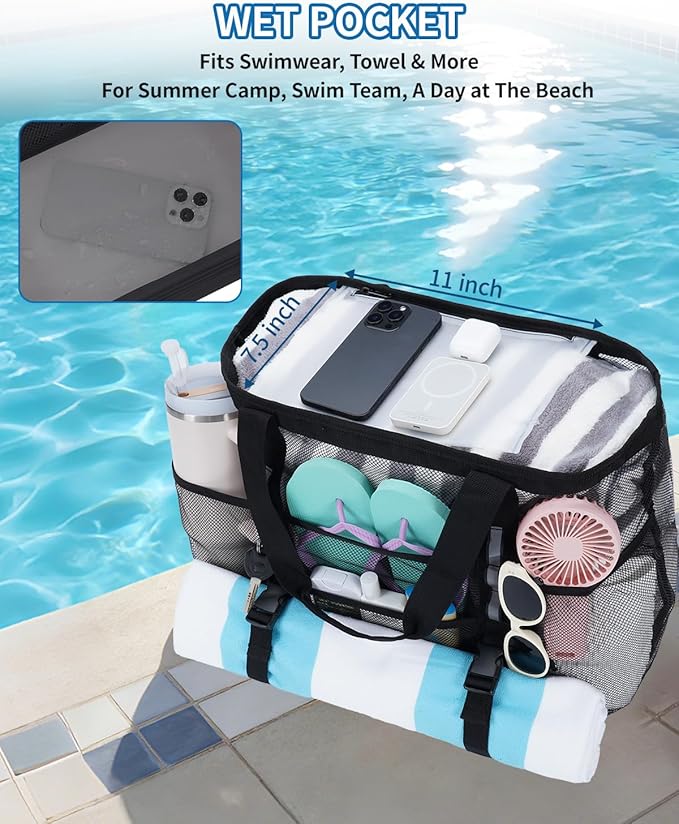 WANDF Mesh Beach Bag for Women, Large Beach Tote Bags with 40oz Tumbler Side Pockets, Family Pool Bag for Swim Toys Towels Cruise Vacation Essentials (Black) | Breathable