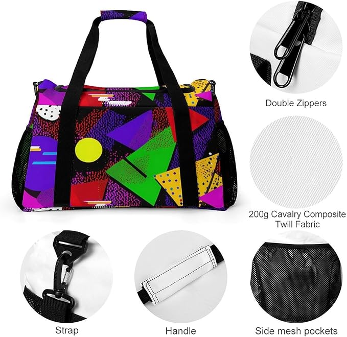 80s Triangles Circles Duffle Bag Gym Bag for Workout Travel Tote with Detachable Straps