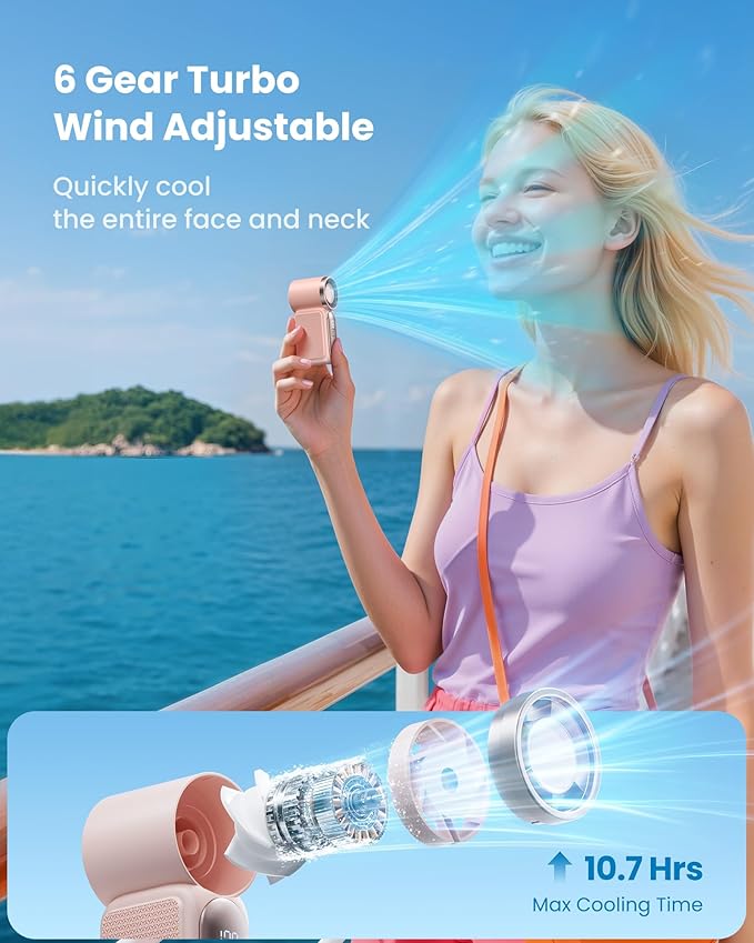 Gaiatop Portable Handheld Mini Fan, 6 Speeds 16900 RPM High Velocity Personal Fan with LED Display, USB Rechargeable, Mini Fan with Lanyard for Makeup, Travel, Outdoor Fan for Women Girl Gift, Pink