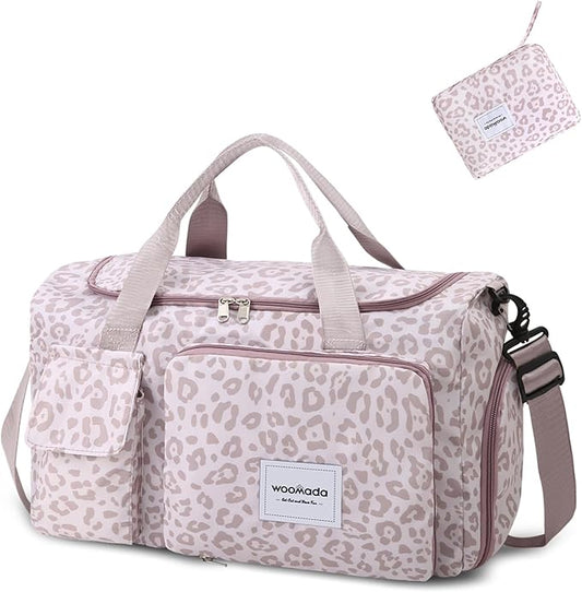 WOOMADA Foldable Travel Duffel Bag with Shoes Compartment, Overnight Bag with Wet Pocket & Trolley Sleeve, Weekender Bags for Women(A-pink leopard)