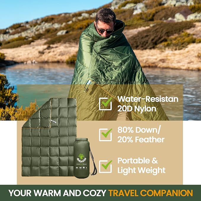 4Monster Down Camping Blanket - Outdoor Travel Quilt Puffy 650 Fill, Packable, Lightweight,Wind & Waterproof | Ideal for Stadium, Backpacking,Picnics, Beach and Hiking