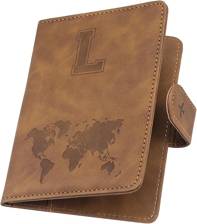 Personalized Passport Holder – Initial Letter Passport Cover with RFID Blocking, Holds 2 Passports, Slim PU Leather Unisex Travel Wallet, Brown L