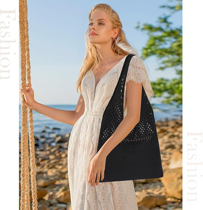 Sightor Crochet Tote Bag, Mesh Beach Bag Knit Summer Hobo Bag Vacation Boho Tote Bag for Women
