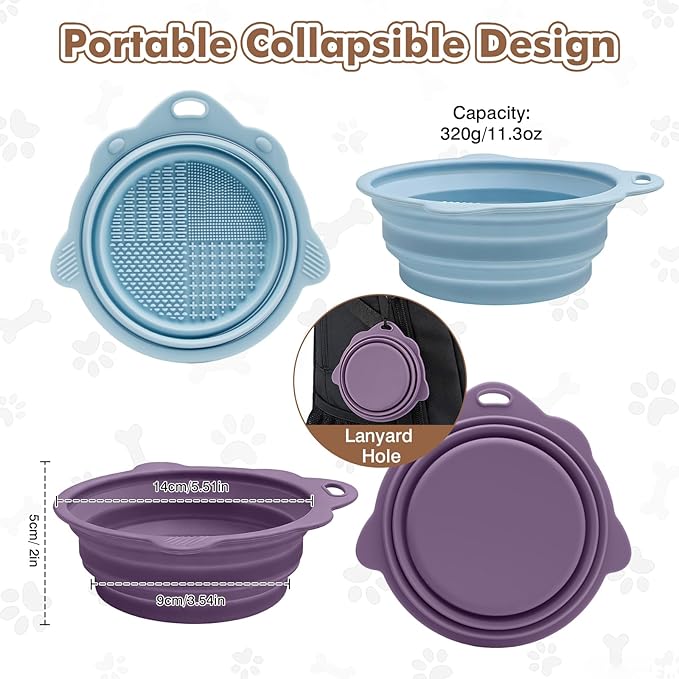 Collapsible Dog Bowls 2 Pack, Silicone Dog Bowl for Small Dogs, Dog Travel Bowl with a Lanyard Hole, Puppy Bowls for Water and Food, Travel Pet Bowls Blue & Purple, 11.3oz × 2
