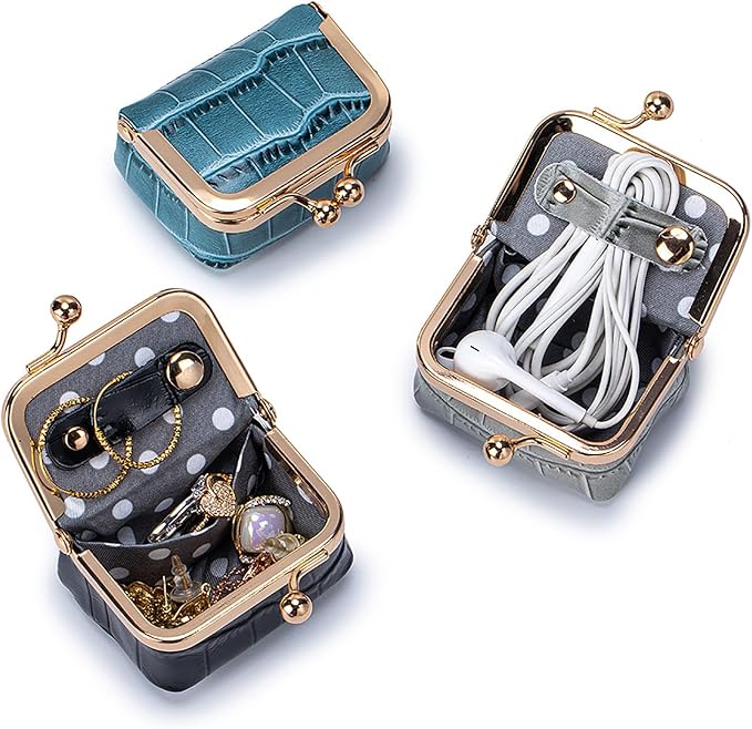 Genuine Leather Mini Jewelry Box & Coin Purse for Women, Travel Jewelry Case with Kiss Lock, Holds Earrings, Rings, Necklace, Bracelet, Coins (Green Crocdile Pattern)