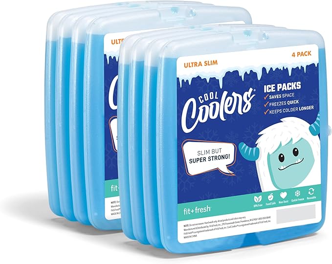 Cool Coolers by Fit & Fresh 8 Count Slim Ice Packs, Quick Freeze Space Saving Reusable for Lunch Boxes or Coolers, Clear Blue Kids Ice, (Pack of 6)