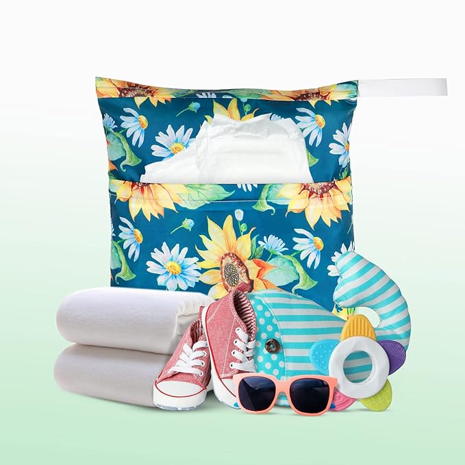 Frienda 4 Pieces Wet Dry Bag for Baby Waterproof Reusable Washable Diaper Bag Sealed with Handle for Travel, Beach, Swimsuit, Diapers, Dirty Gym Clothes and Toiletries (Flower)