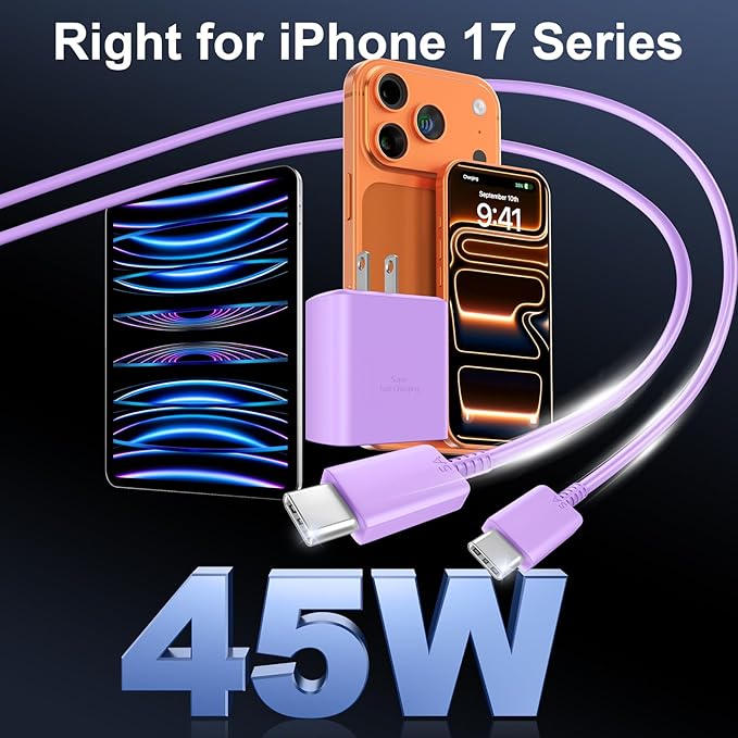 Phone 17 16 Pro Max Charger Fast Charging, 45W USB C Phone 17 16 Super Fast Charger Block with 6.6ft Long Type C Charging Cable Cord for i.Phone 17 Pro Max/17 Pro/17 Air/17/16/16Pro/16 ProMax-Purple