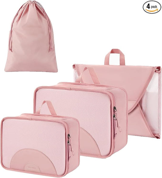 BAGSMART Garment Folder Packing Cubes for Travel, 4 Set Lightweight Travel Cubes for Wrinkle Free, Durable Suitcase Organizers Bag Set for Travel Essentials Baby Pink