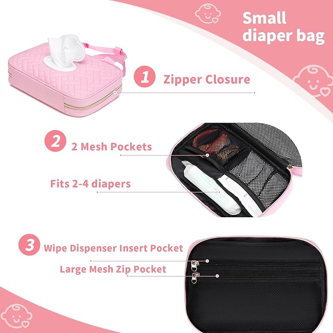 Diaper Bag Organizer with 2 Pieces Wipes Dispensers, Portable Stroller Mini Diaper Bag Pouches Travel Gear, Foldable Newborn Baby Essentials, Small Clutch, PInk
