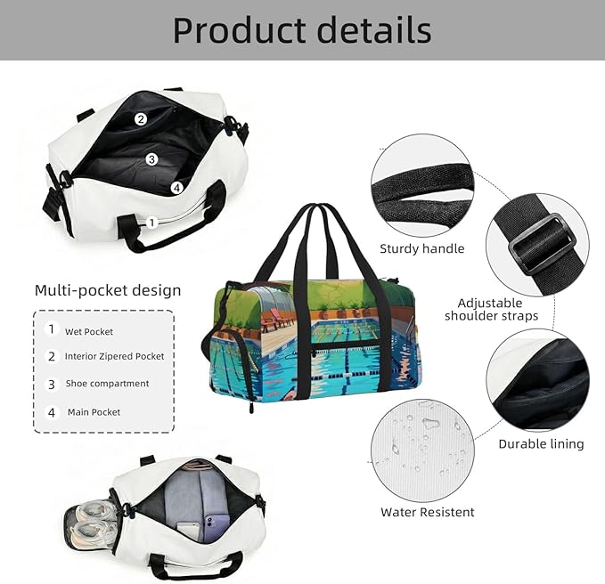 Flamingo and swimming pool Print Gym Bag with Shoe Compartment for Women Men, 17.7in Sports Duffle Weekender Tote, Overnight Travel Duffel Bag Carry On