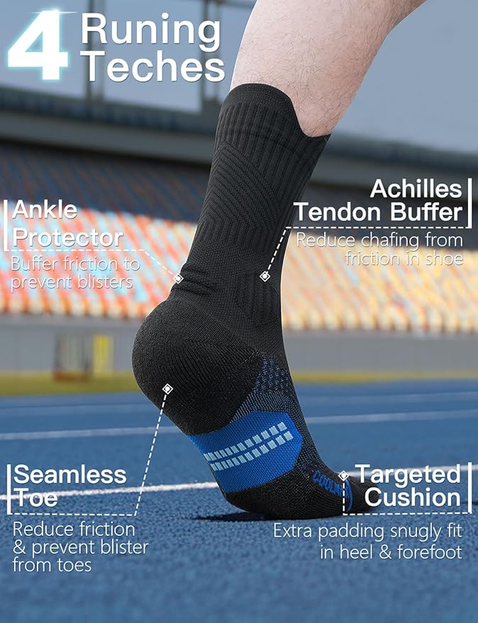 Compression Running Socks, Bamboo Viscose Coolmax Moisture-Wicking Anti-Blister Athletic Hiking Workout Gym Padded
