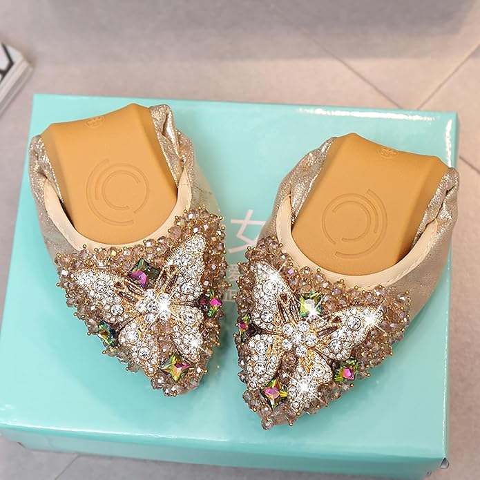 Women Ballet Flats Sparkly Rhinestone Wedding Ballerina Shoes Pointed Toe Foldable Comfort Slip on Flat Dress Shoes